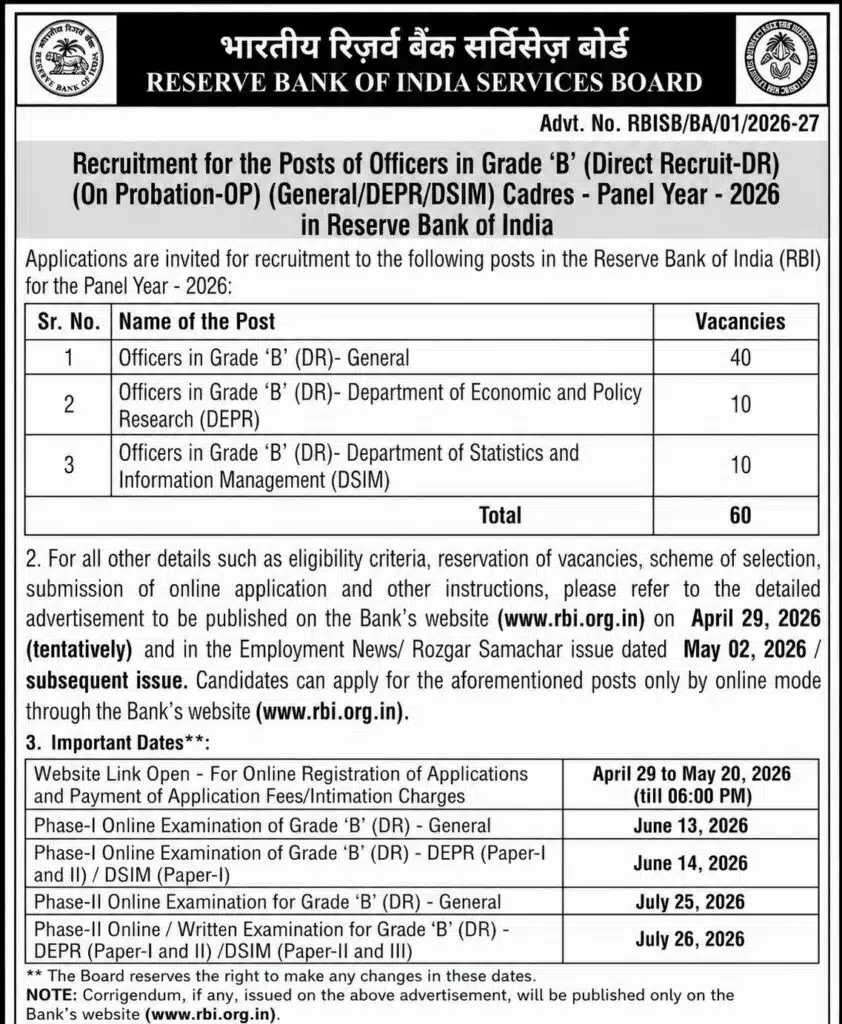 RBI Grade B Notification 2026 Short Notification RBI Grade B Notification 2026 Short Notification