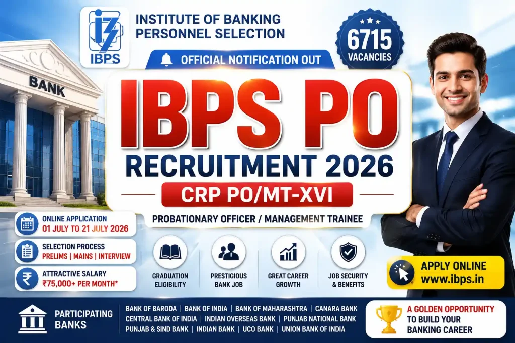IBPS PO Recruitment 2026 Notification PDF Out 6715 PO Vacancies Apply Online for CRP PO MT XVI IBPS PO Recruitment 2026 Notification PDF Out 6715 PO Vacancies Apply Online for CRP PO MT XVI