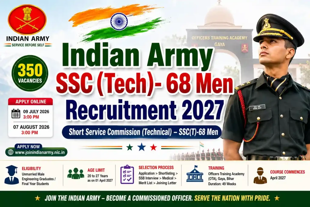 Indian Army SSC (Tech)- 68 Men Recruitment 2027 Notification, Last Date 7th Aug Indian Army SSC (Tech)- 68 Men Recruitment 2027 Notification, Last Date 7th Aug