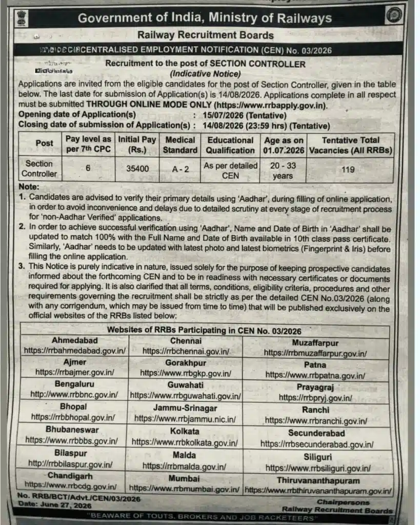 Important Links – RRB Section Controller CEN 03/2026 Notification Important Links – RRB Section Controller CEN 03/2026 Notification