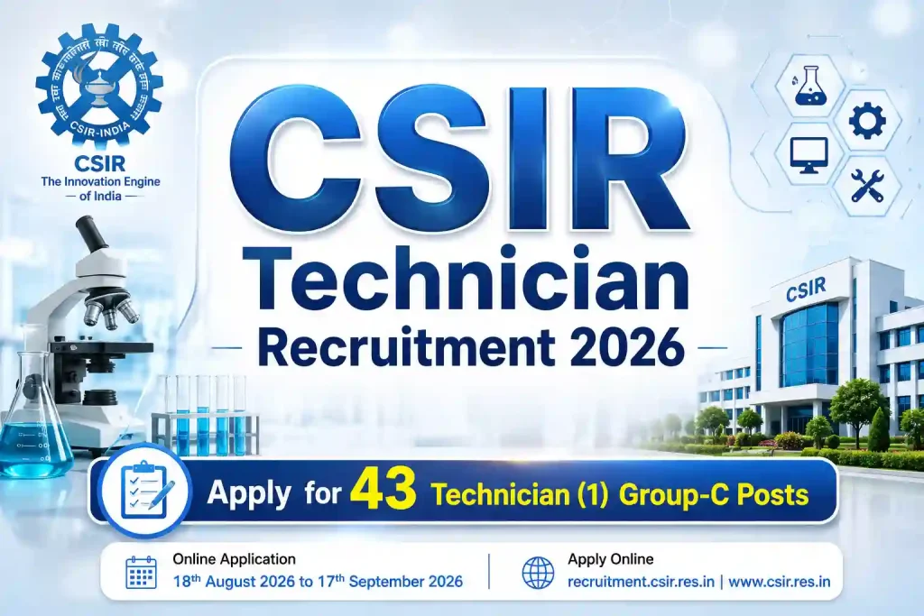 CSIR Technician Recruitment 2026: Apply Online for 43 Technician (1) Group-C Posts at csir.res.in CSIR Technician Recruitment 2026: Apply Online for 43 Technician (1) Group-C Posts at csir.res.in