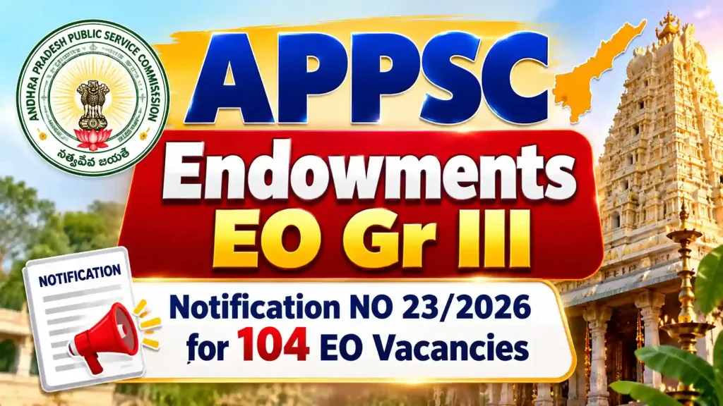 APPSC Endowments EO Gr III 2026: Notification NO 23/2026 for 104 EO Vacancies APPSC Endowments EO Gr III 2026: Notification NO 23/2026 for 104 EO Vacancies