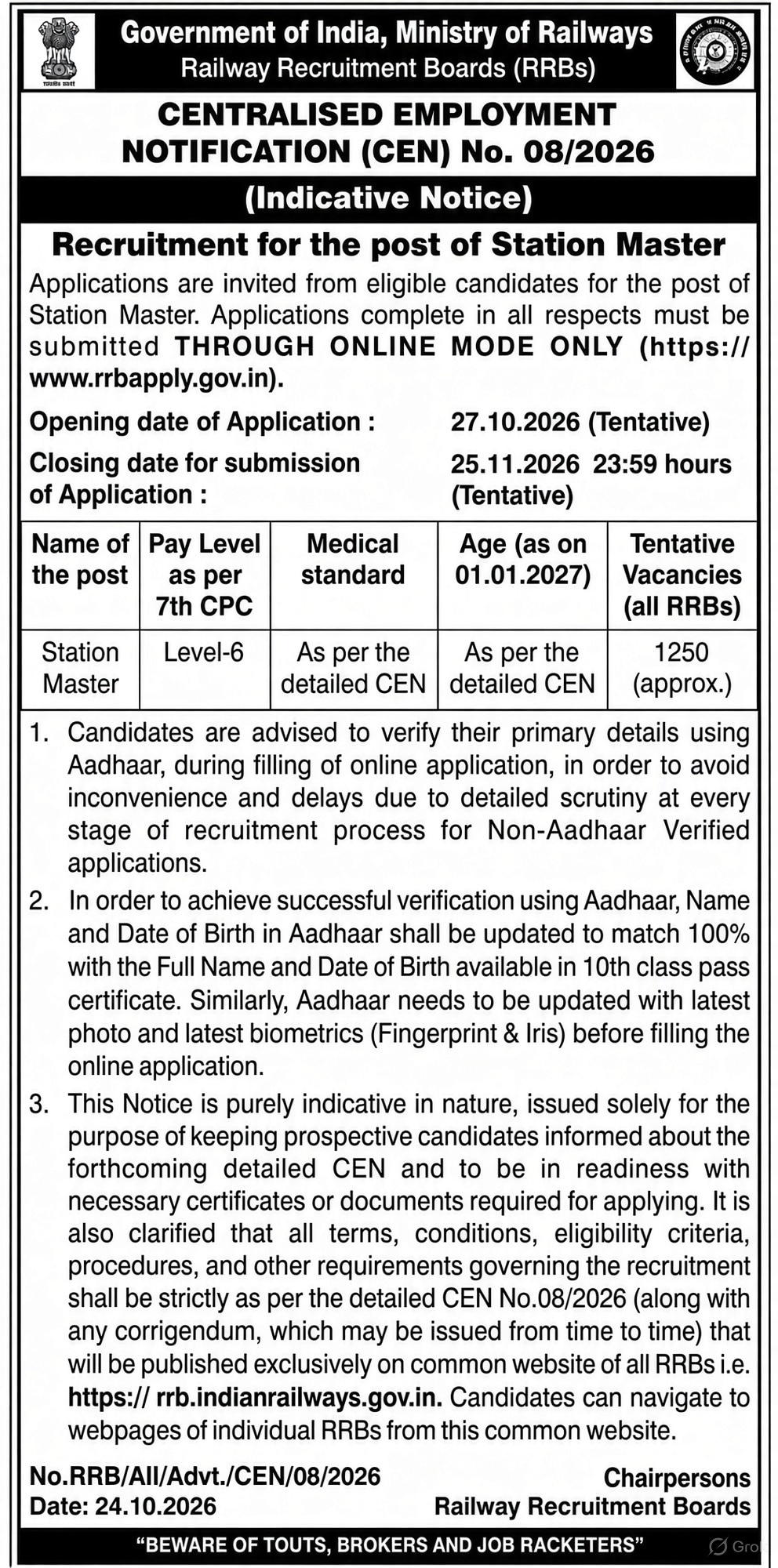 Masterign Number RRB Station Master 2026: CEN 08/2026 Recruitment Notification For 1250 ...